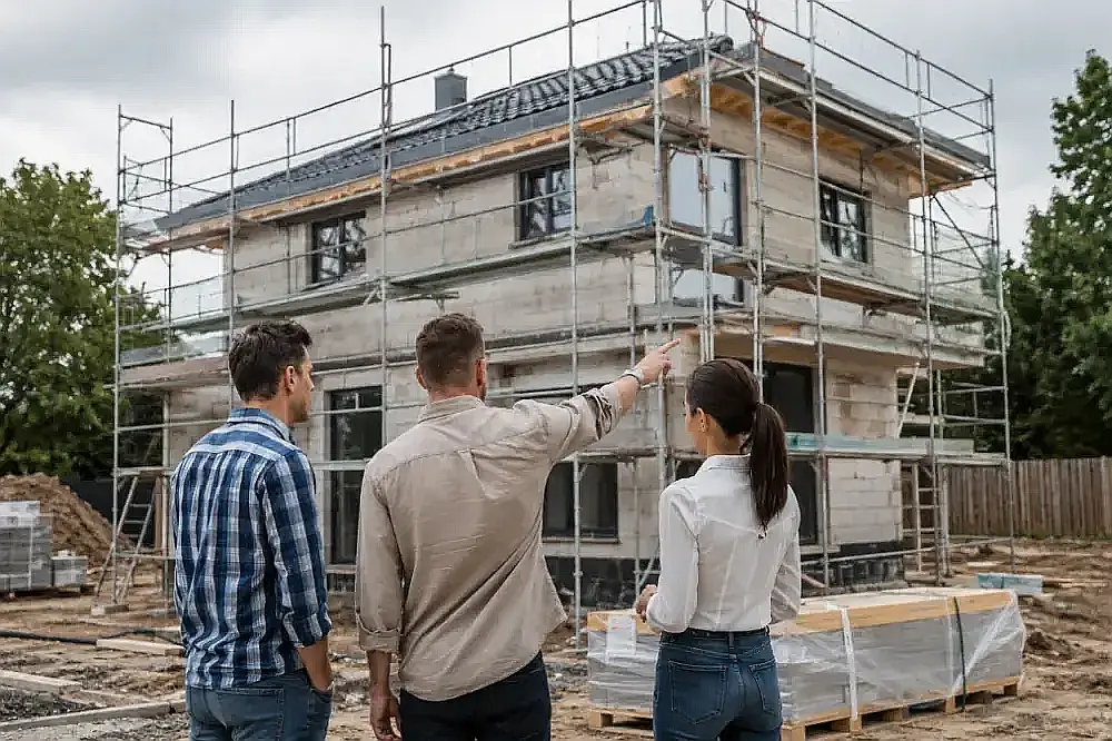 Baubesprechung mit den Gebäudeeigentumer auf der Baustelle